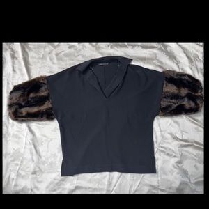 Zara 3/4 Sleeve Black Dressy Shirt with Faux Fur Cuffs